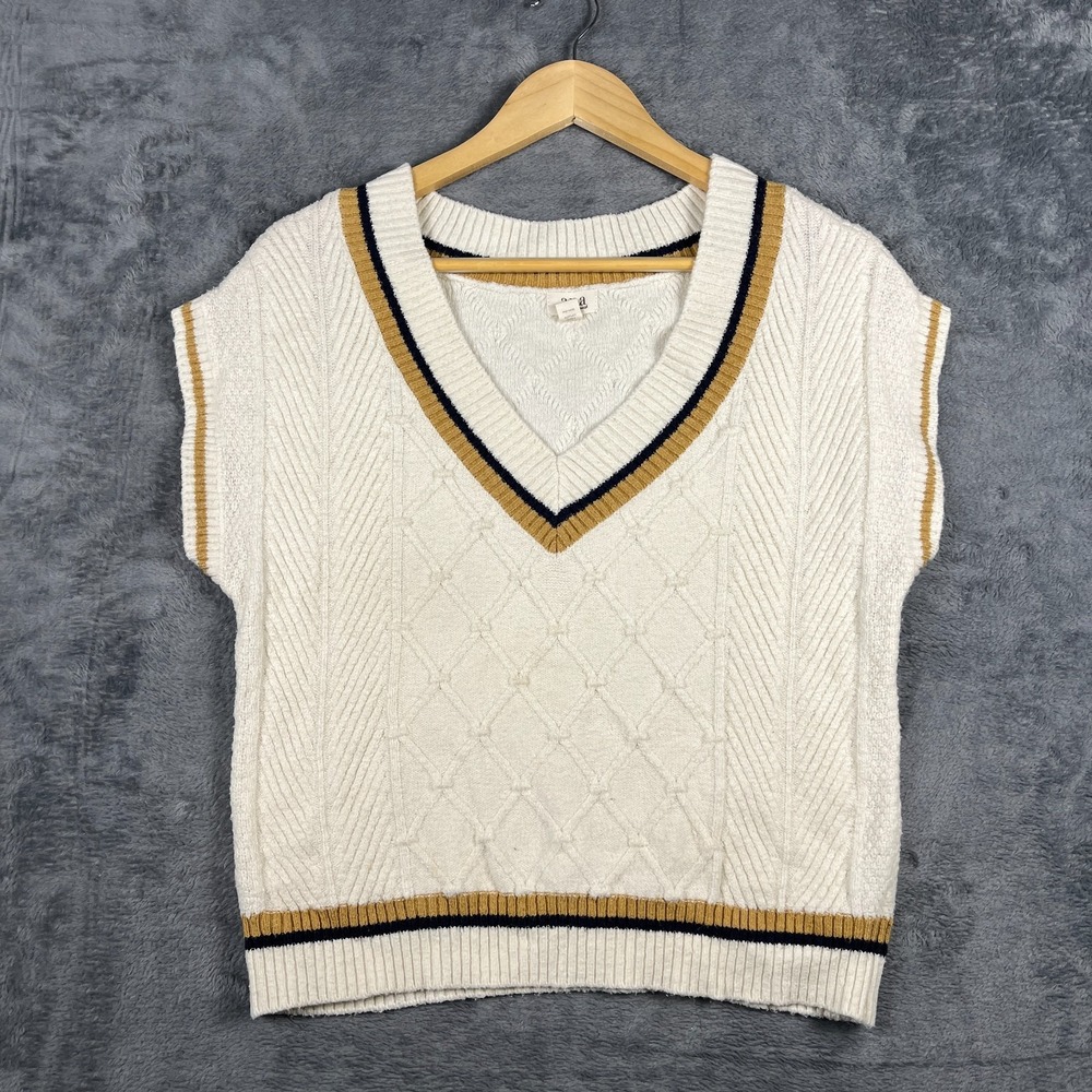 A.n.a A New Approach Sweater Vest Womens XS Beige Cable Knit Ribbed Trim V Neck